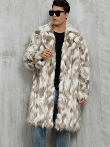 Manteau long en fausse fourrure pour homme avec motif contrasté et col à revers élégant