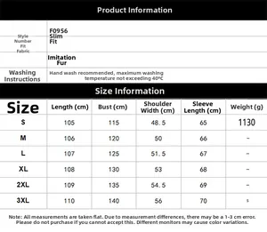 Detailed size chart for men's faux fur long coat with sizing specs and care tips