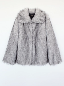 Chic grey faux fur coat with thick plush texture and luxury wide collar for autumn wear