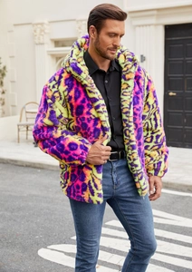 Close-up of colorful leopard print faux fur texture and hood on a men's stylish jacket