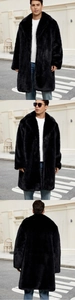 Three-way view of men's long black faux fox fur coat with large lapel in urban street setting