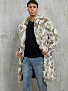 Manteau long en fausse fourrure pour hommes avec motif contrasté marron et blanc