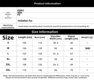 Detailed size chart for men's faux fur coat including chest, length, and sleeve measurements