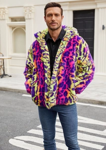 Close-up detail of multi-colored leopard print faux fur texture on men hooded jacket