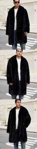 Detailed texture of men's long black faux fox fur coat with wide lapel for winter warmth