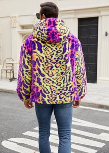 Detailed back view of a men's faux fur hoodie with vibrant colorful leopard print pattern