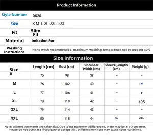 Detailed size chart for faux fur V-neck vest including measurements from S to 3XL