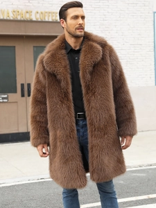 Mens long brown faux fur coat with notch lapel collar in a stylish winter outdoor setting