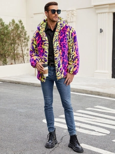 Men's neon leopard print faux fur jacket with colorful plush texture and hooded zipper