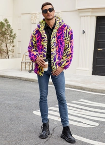 Detailed close-up of colorful faux fur leopard print jacket with vibrant neon textures