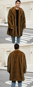 Front and back views of men's striped faux fox fur coat in brown and black tones