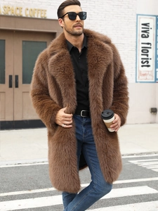 Macro view of men's brown faux fur coat showing soft plush texture and lapel collar detail