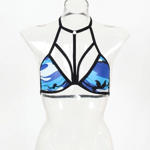 Detail of blue camo halter bikini top with front criss-cross hollow out bandage design