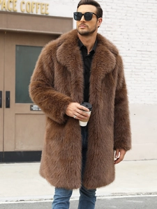 Detail of premium brown faux fur coat showing dense texture and elegant notch lapel