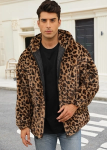 Detail of faux fur leopard jacket showing brown and black pattern with quilted lining
