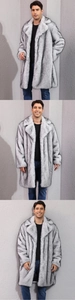 Detail of grey and white faux fox fur texture on long sleeve winter coat for men