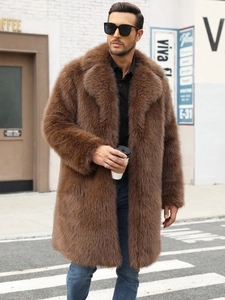 Men's stylish mid-length faux fur coat with brown large lapel in a street style look