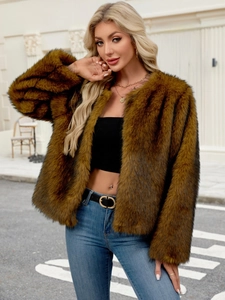Schicke braune Damen Kunstpelz Kurzjacke mit plüschiger Textur und langen Ärmeln