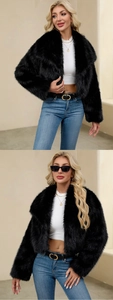 Detail of a black faux fur coat with wide lapels and soft plush texture for winter fashion
