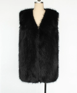 Detailed front view of black faux fur long vest with deep V-neck on a mannequin