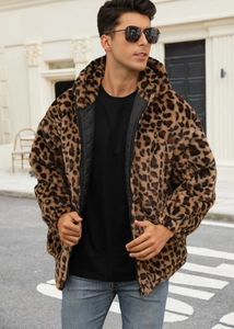 Close-up of leopard print faux fur jacket with quilted lining and black zipper detail