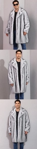 Detail of grey faux fox fur coat featuring a large lapel and realistic hair texture