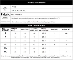 Size chart table for faux fur coat with measurements from S to 3XL including bust and length