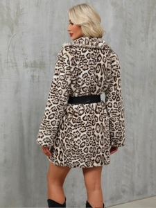 Mid-length leopard print faux fur coat for women with black leather waist belt