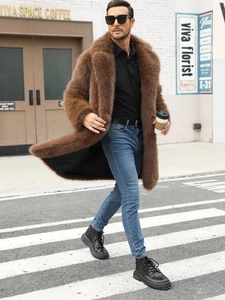 Men's mid-length faux fur coat in brown with lapel collar for premium winter fashion look