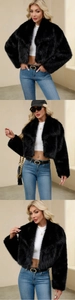 Close-up detail of soft black faux fur jacket texture with elegant wide lapel collar