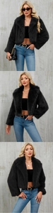 Detailed views of a black faux fur short jacket with wide lapels and soft texture