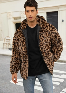 Detail of men's leopard faux fur jacket featuring black quilted lining and elastic cuffs