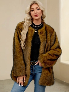 Chic women brown faux fur coat with thick plush texture and stylish gold layered necklaces
