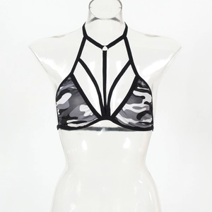 Detail view of camouflage bikini top featuring halter neck straps and crisscross front straps