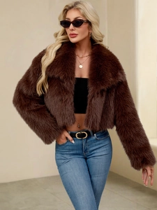 Short faux fur jacket in dark brown with wide collar for women, luxury streetwear style