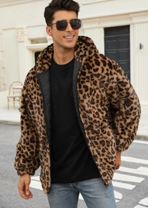 Detail of men's faux fur leopard jacket showing warm hood and black quilted lining
