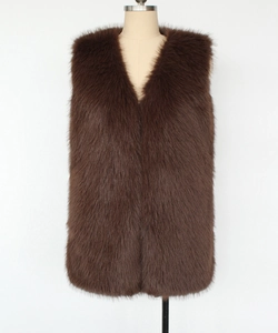 Close-up of deep brown faux fur vest featuring a V-neck and dense shaggy texture