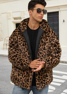 Close-up of men's faux fur leopard jacket showing the hood and quilted inner lining
