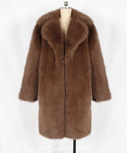 Detailed view of brown faux fur texture and notch lapel on a long men's winter coat
