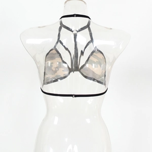 Detail of camouflage halter bra with multi-strap neck and cutout lace-up design