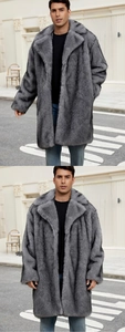 Detail of grey faux fox fur texture on long men's coat with luxury lapel design