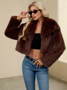 Detail of premium dark brown faux fur jacket showing rich texture and large lapel collar