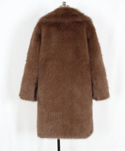 Back view of a long brown faux fur coat with thick texture and a sophisticated lapel collar