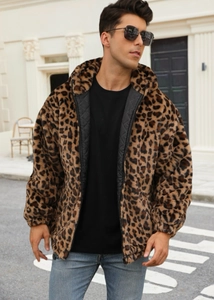 Close-up of leopard faux fur jacket showing the warm quilted lining and plush texture