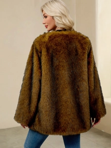 Back view of a thick long-length brown faux fur coat with rich texture and loose fit