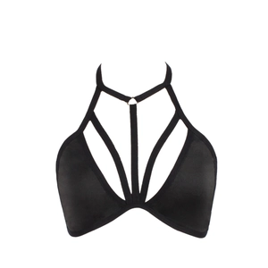 Close-up of black halter bralette with multi-strap cutout design and metal ring detail
