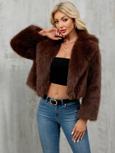 Short faux fur jacket in dark brown with wide lapels and fluffy texture for women