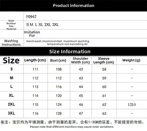 Size chart for the long faux fur coat including measurements for S to 3XL and washing care