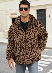 Detail of men's faux fur leopard jacket showing textured plush fabric and drawstring hood