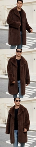 Three-way view of men's dark brown faux fox fur long coat with large lapel